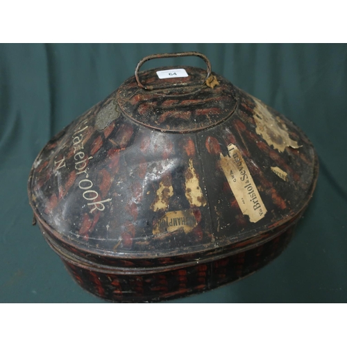 64 - Large japed metal military hat box with plaque for Gieves and painted detail for A.J. Glazebrook R.N... 