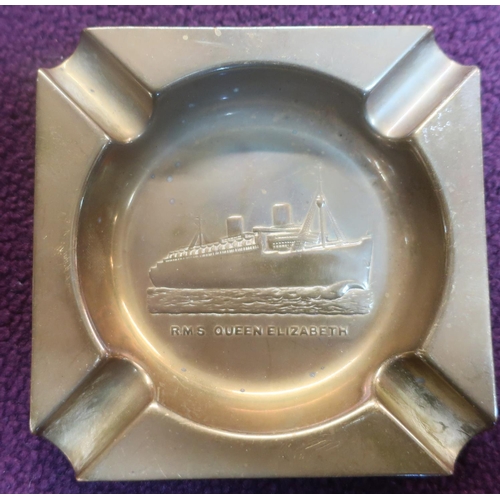 282 - RMS Queen Elizabeth white star ashtray and a silver plated half pint mug inscribed 