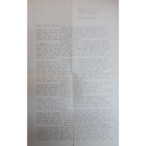 284 - Interesting and historical letter from a sub lieutenant (A) F Guy RM form HMS Arc Royal 1941, regard... 