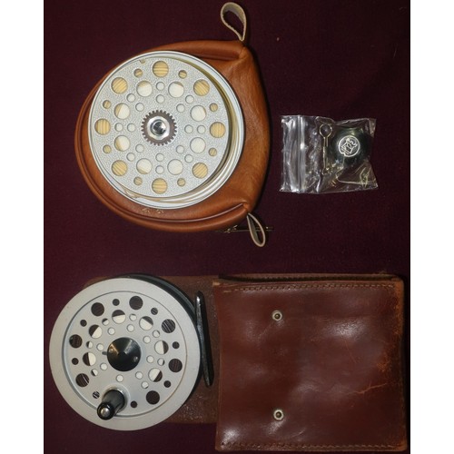 314 - Anglers Services Ltd case and alloy spool, a leather cased Beaulite Shakespeare reel and a Hardy pin... 