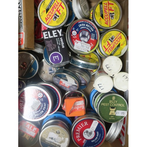 504 - Approximately 56 tins of new old stock air weapon pellets in .177 and .22 by various manufactures in... 