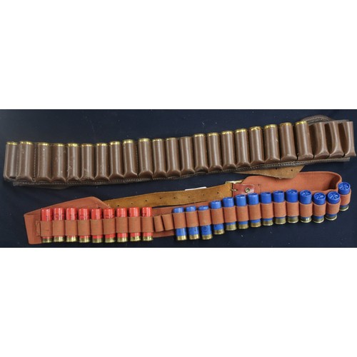 519 - Canvas gun belt, selection of 16 bore shotgun cartridges, another gun belt with a selection of 12 bo... 