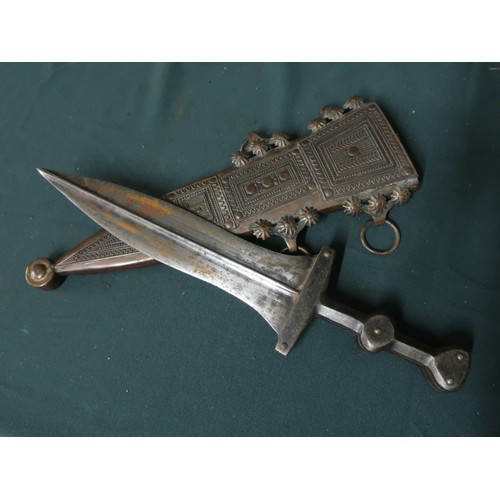 129 - North African style dagger with 9 inch double edge Gladius style blade with steel hilt and metal bou... 