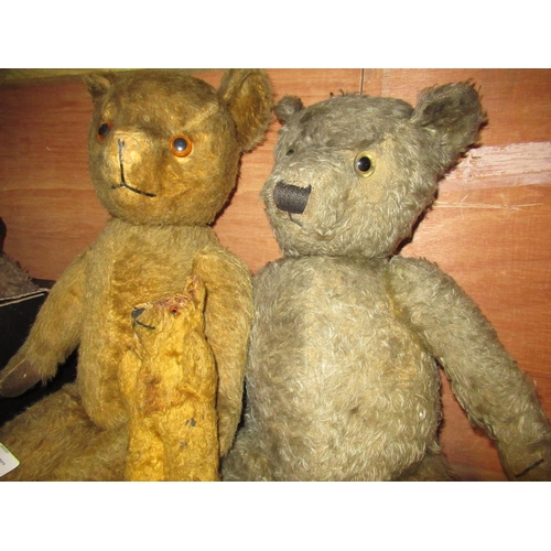 114 - Yellow plush teddy bear, a Merrythought type bear  (repaired nose) a small straw filled plush bear (... 