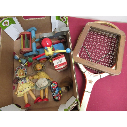 117 - Tiger Toys pull-along model of a donkey, an early Brio windmill, two peg dolls, a small gyroscope, a... 