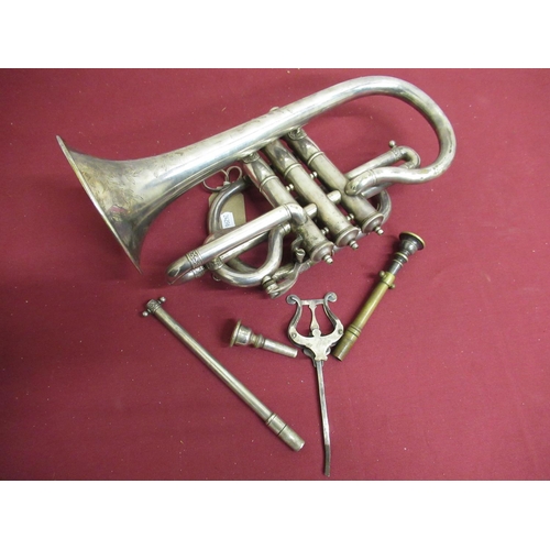 90 - Early 20th C plated cornet, mouth piece stamped Hawkes & Son London, Hawkes I model with clip on mus... 