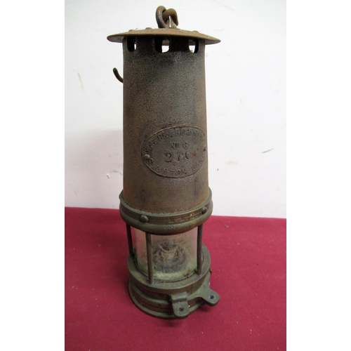 91 - W.E Teal & Co Swinton Lancs brass and steel miners lamp No. 6, stamped 270DP, MMC No.4562 H26cm