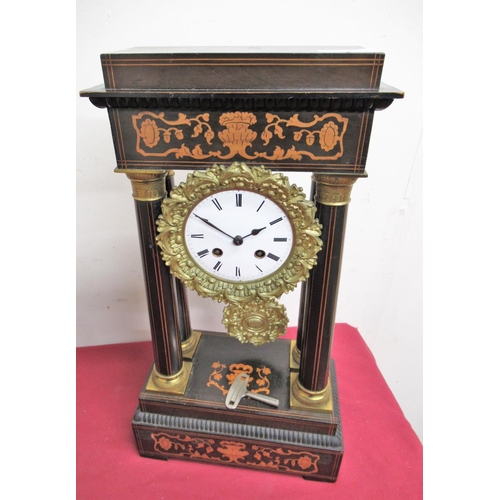 1 - 19th C French ebonised and marquetry portico clock,  two train count wheel striking movement numbere... 