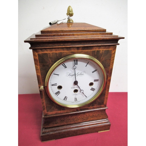 10 - 20th C inlaid mahogany Georgian style mantel clock retailed by Knight & Gibbons of London, three tra... 