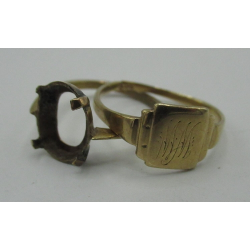 131 - 9ct gold signet ring (cut) and a 9ct gold ring (lacking stone), both stamped 9ct, (2) 3.2g