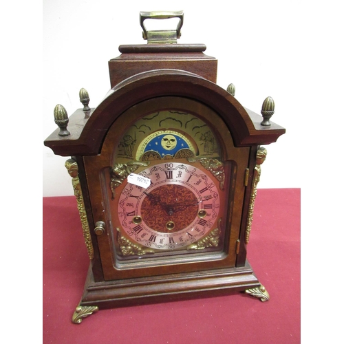 14 - 20th C walnut cased Georgian style bracket clock, brass break arch dial with silvered chapter and mo... 