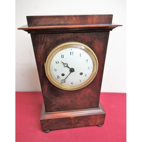 23 - Late 19th C French mantel clock, flame mahogany case with moulded cornice and stepped base, ivory co... 