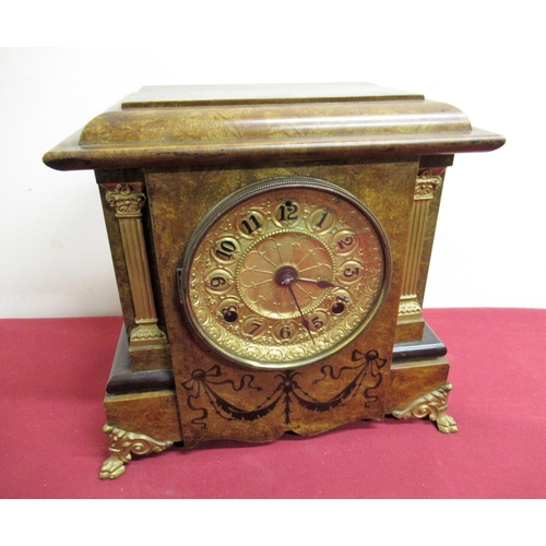 25 - Early 20th C American walnut and ebonised architectural mantel clock on scroll claw feet, circular b... 