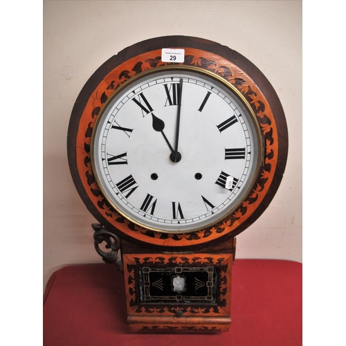 29 - Late 19th Early 20th C Superior American inlaid walnut drop dial wall clock, two train movement stri... 