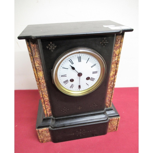 3 - 19th C French slate and variegated marble mantel clock, two train count wheel striking movement stam... 