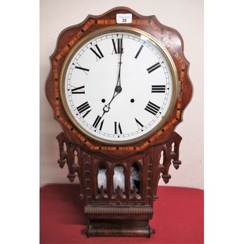 30 - Late 19th Early 20th C superior American drop dial wall clock, the inlaid walnut case with Tunbridge... 