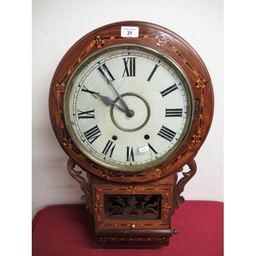 31 - Late 19th Early 20th C American drop dial wall clock, figured walnut case with Tunbridge ware bandin... 
