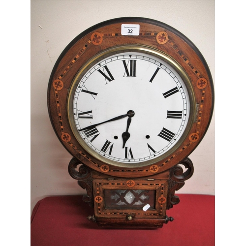 32 - Late 19th Early 20th C American drop dial wall clock, walnut case with Tunbridge ware bandings, two ... 