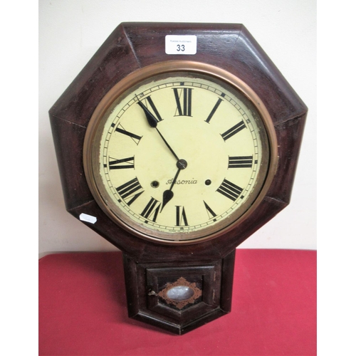 33 - Late 19th Early 20th C Ansonia American drop dial wall clock, stained walnut case with two train str... 