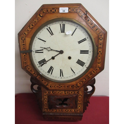 34 - Late 19th Early 20th C  American drop dial wall clock, walnut case with Tunbridge ware banding, two ... 