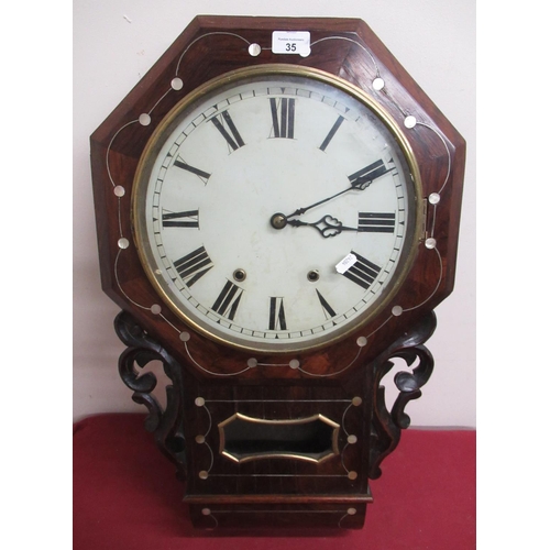 35 - Late 19th  American drop dial wall clock, rosewood case with white metal and mother of pearl inlay, ... 