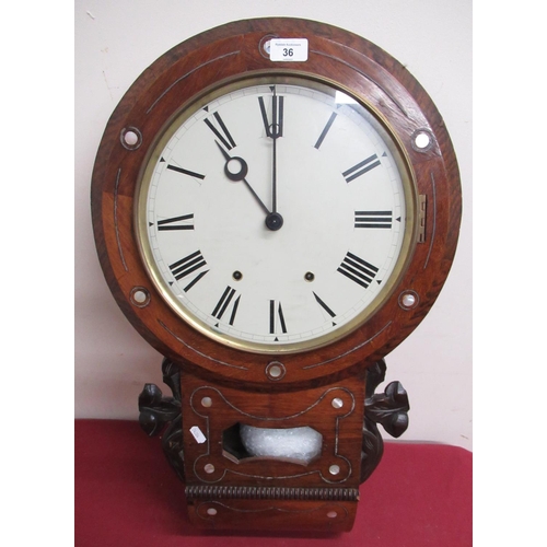 36 - Late 19th C American drop dial wall clock, walnut case inlaid with white metal and mother of pearl d... 