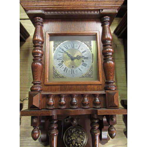 41 - Late 20th C German wall clock, oak case with carved columns and gallery, single glazed panelled door... 