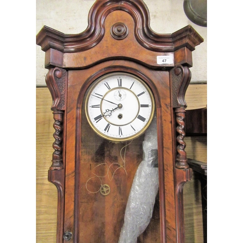 47 - Late Victorian figured walnut cased Vienna wall clock,  single glazed panelled door with craved scro... 