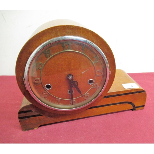 5 - 1930s mahogany cased inlaid mantel clock skeletonised chaptering enclosed by chrome coated bezel, th... 