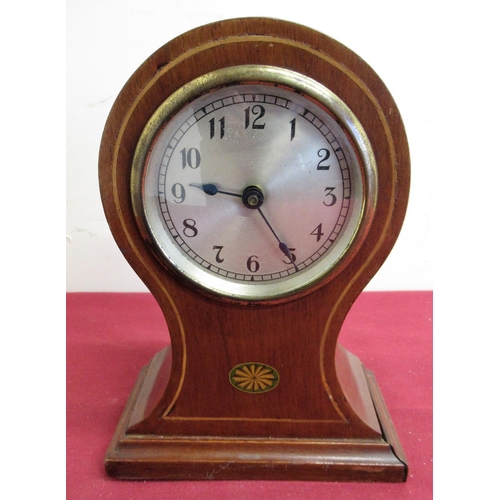 51 - Edwardian inlaid mahogany balloon clock, lacquered brass bezel & silvered dial,  English movement wi... 
