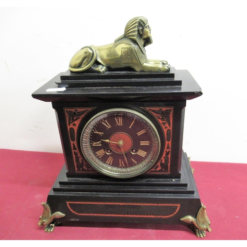 6 - 19th C Egyptian Revival slate and rouge marble mantel clock, case surmounted with recumbent brass sp... 