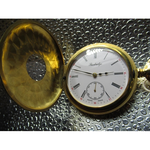 76 - Swiss, retail by Rusbridge of Scarborough, gold plated half hunter pocket watch,  movement stamped S... 
