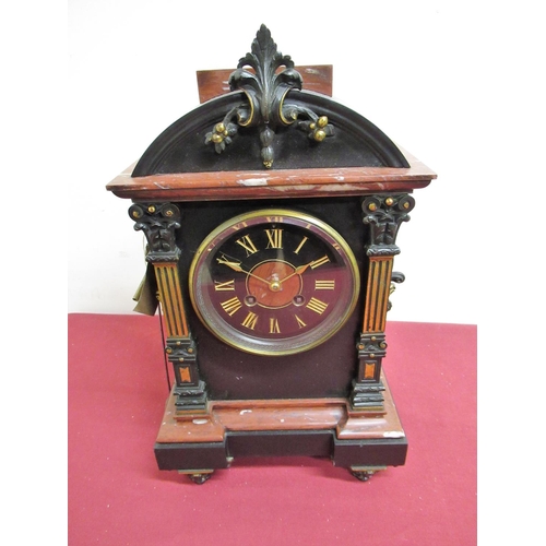 9 - 19th C French slate and Variegated rouge marble mantel clock, reverse break front case with applied ... 