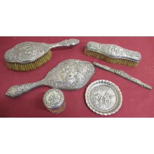 125 - Victorian and later hallmarked silver backed dressing table set, comprising two brushes, mirror, sma... 