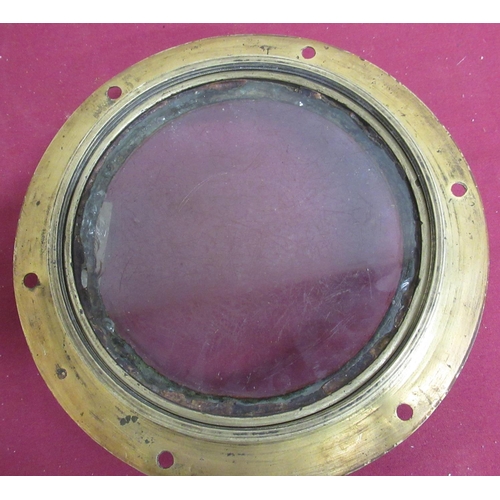155 - 20th C brass circular porthole, with two handled screw cover, D23cm