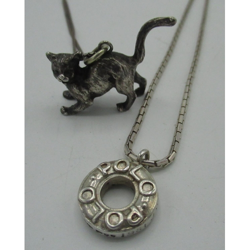 162 - Modern silver hallmarked cat pendant, stamped 925 on chain, and a silver Polo mint pendant on sterli... 