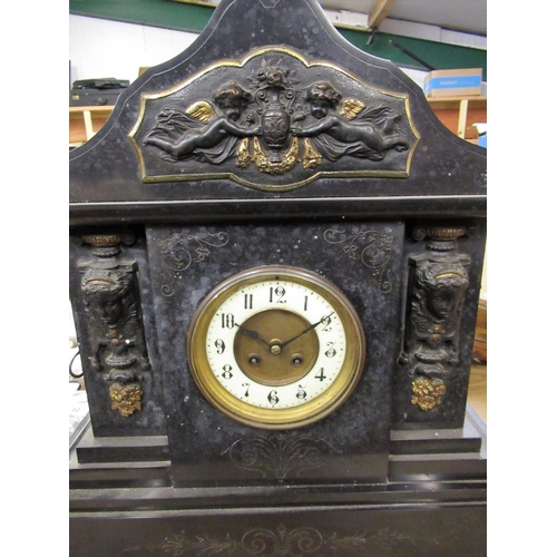 68 - 19th C French slate mantel clock with gilt metal mounts, two train count wheel striking movement on ... 
