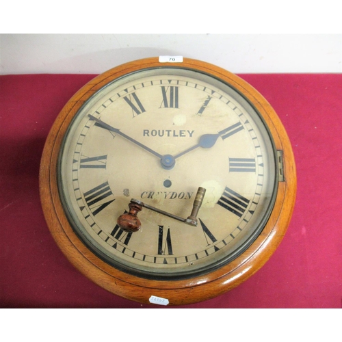 70 - Routley of Croydon late 19th C dial clock in golden oak case (converted to quartz) D39cm.