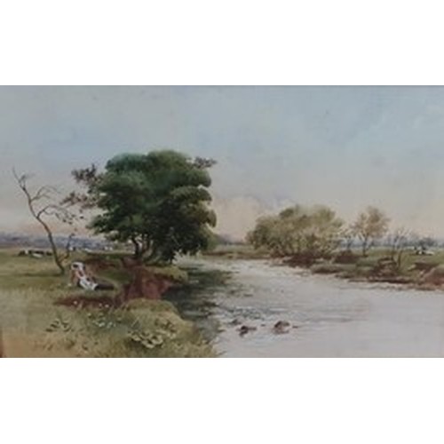 195 - I.G. Sykes (20th C): Cattle watering and a resting Milkmaid, both in river landscapes, watercolour h... 