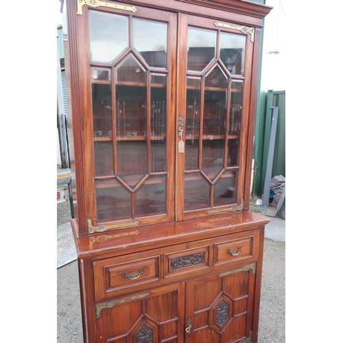 220 - Late Victorian mahogany secretaire bookcase, glazed doors, full front with lock stamped Hobbs and Co... 