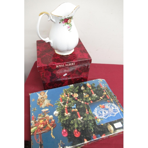 246 - Large Royal Albert Old Country Roses water Jug H25cm, and a Walther glass Christmas dish, both in or... 