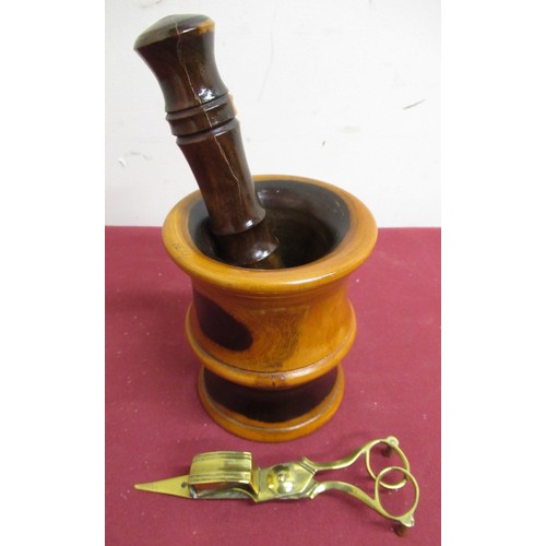 170 - Lignum Vitae pestle and mortar and pair of Victorian brass candles snuffers