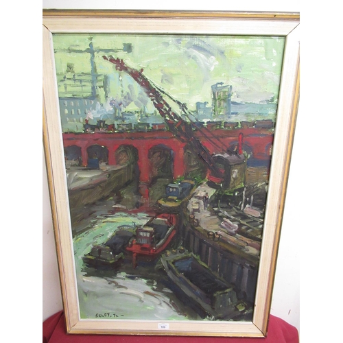 189 - Selby (20th Century): Leeds Canal Basin, industrial canal scene with Railway viaduct, oil on board, ... 