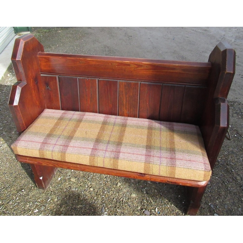 199 - Small Victorian pitch pine pew, panel back and solid ends with brass handles and metal numeral 53, L... 