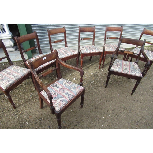 202 - Set of eight (6+2) early 19th C mahogany dining chairs  with brass inlaid top rails and drop in seat... 