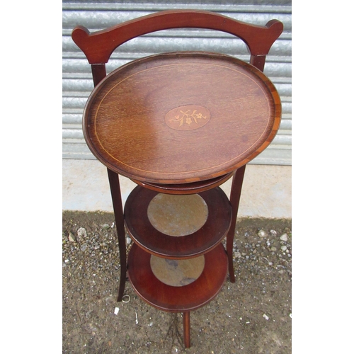 205 - Edwardian inlaid mahogany cake stand, three circular graduated tiers on square supports H80cm, a sma... 