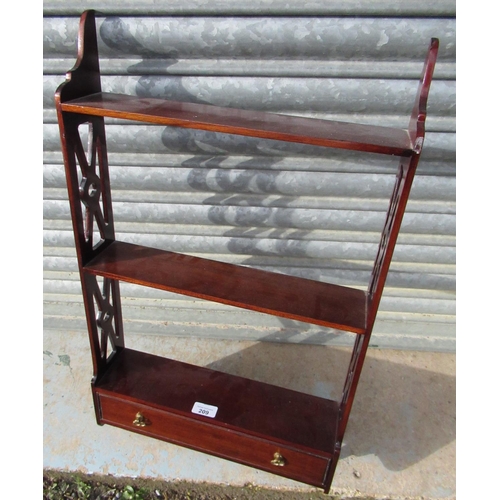 209 - Regency style mahogany single drawer three tier wall shelf with pierced sides, H69cm W41cm D10cm