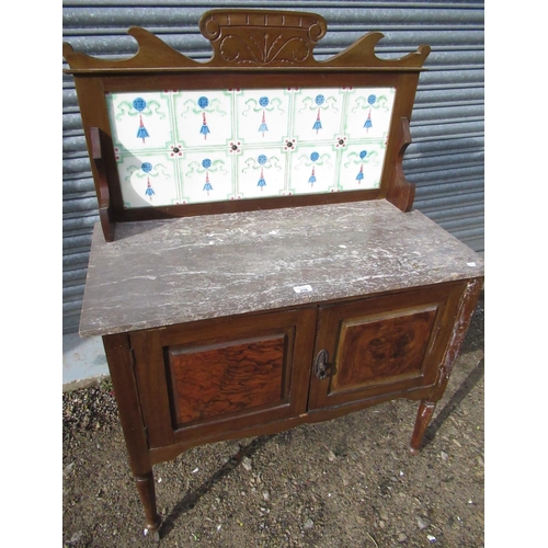 210 - Edwardian walnut marble top washstand, raised back with ten Art Nouveau decorated tiles, W92cm D45cm... 