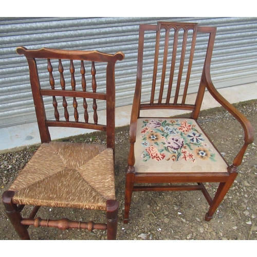 252 - Heplewhite style inlaid mahogany arm chair with drop in needle work seat square tapered supports wit... 