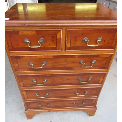 273 - George III style yew veneer chest of two short and four long drawers with brass swan neck handles on... 